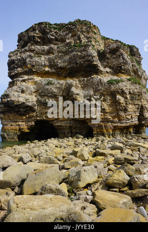 Vista superiore Marsden Rock una formazione rocciosa di calcare fuori del litorale del Mare del Nord a South Shields Inghilterra Foto Stock