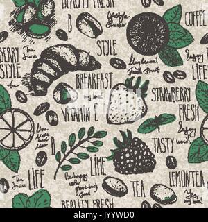 Disegnò la colazione perfetta sfondo con croissant, limone e frutti di bosco Illustrazione Vettoriale