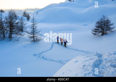 Escursioni con le racchette da neve anticipo in neve fresca in Engadina. Il Cantone dei Grigioni. La Svizzera. Europa Foto Stock