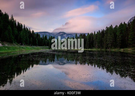 Gli alberi si riflette nel Lago Antorno al tramonto. Veneto Dolomiti di Sesto Italia Europa Foto Stock