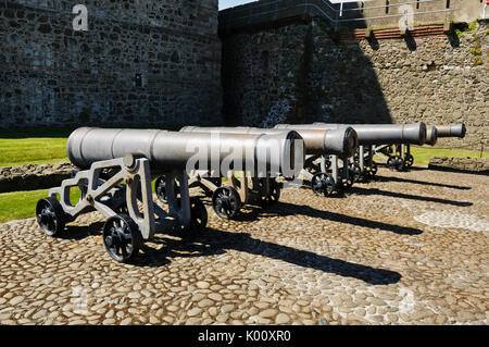 Fila di cannoni all'interno di un castello medievale a Carrickfergus Foto Stock