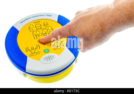 Heartsine unità di formazione per insegnare agli utenti come utilizzare SAM350P esterno automatico del defibrillatore (AED) Foto Stock
