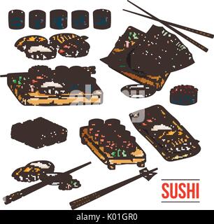 Doodle sushi e rotoli su legno. Tradizionale Giapponese piatti di cucina set. Illustrazione di vettore per il ristorante asiatico menu. Illustrazione Vettoriale