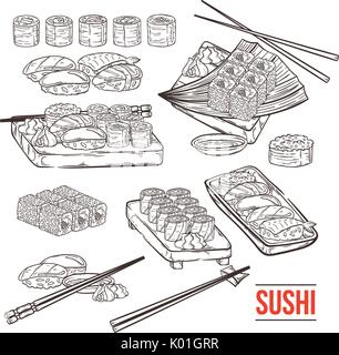 Doodle sushi e rotoli su legno. Tradizionale Giapponese piatti di cucina set. Illustrazione di vettore per il ristorante asiatico menu. Illustrazione Vettoriale
