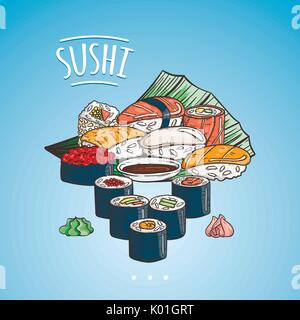 Doodle sushi e rotoli su legno. Tradizionale Giapponese piatti di cucina illustrazione. Immagine vettoriale per il ristorante asiatico menu. Illustrazione Vettoriale