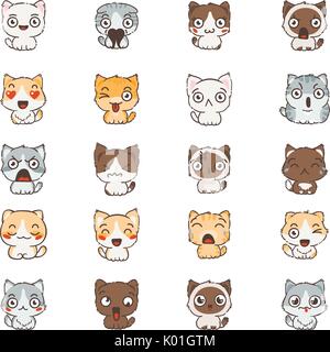 Cartoon carino cani e gatti con diverse emozioni. Sticker collection. Set di vettore di doodle gli Emoji ed emoticon Illustrazione Vettoriale