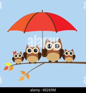 Illustrazione vettoriale di un simpatico autunno owl famiglia sotto ombrellone Illustrazione Vettoriale