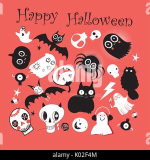 Set di vettore di oggetti differenti per la festa di Halloween su uno sfondo rosso Illustrazione Vettoriale