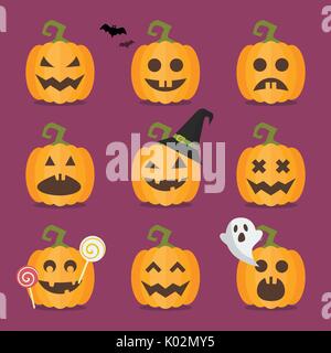 Set di zucche di Halloween. Funny cartoon emoticon Illustrazione Vettoriale