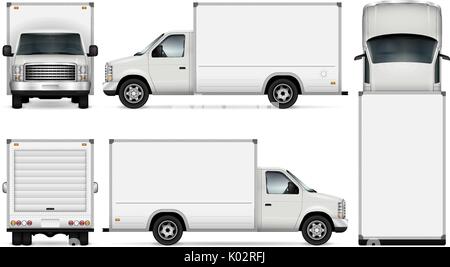 Van modello per auto branding e pubblicità. Isolato di consegna merci carrello impostato su sfondo bianco. Tutti gli strati e gruppi ben organizzati. Illustrazione Vettoriale