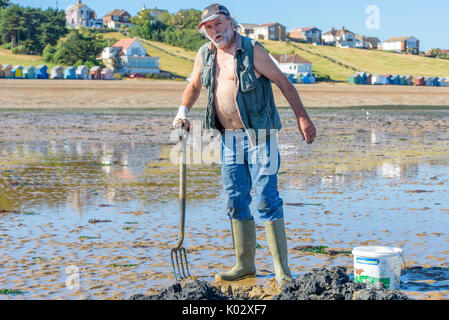 Pescatore solitario scavo per lugworms da utilizzare per esche da pesca sulla spiaggia a Herne Bay, Kent, Inghilterra, Regno Unito. Foto Stock
