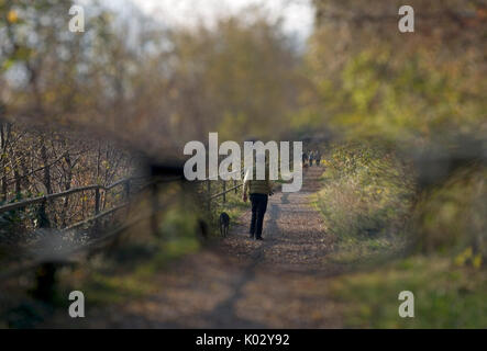 La gente che camminava su un percorso visto attraverso gli occhiali Foto Stock