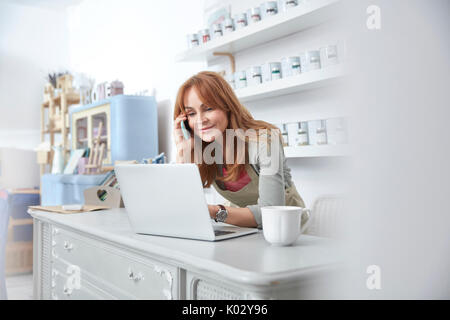 Donna sorridente titolare di azienda utilizzando laptop e parlando al cellulare al contatore in arte Paint shop Foto Stock