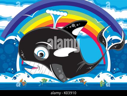 Cartoon Killer Whale e pesci tropicali illustrazione vettoriale Illustrazione Vettoriale