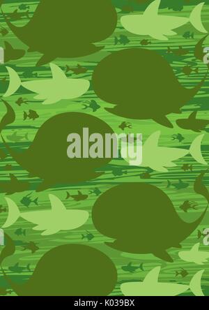 Cartoon di balena e di Pesce tropicale con Squali illustrazione modellato Illustrazione Vettoriale