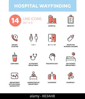 Ospedale wayfinding - moderno semplice linea sottile icone del design, pittogrammi impostato Illustrazione Vettoriale
