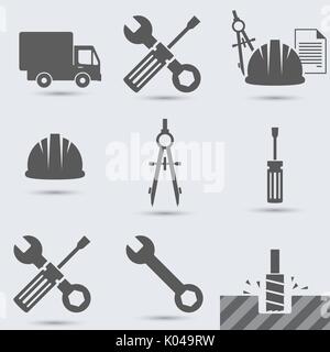 Riparazione, costruire strumento. Martello, auto, vite, casco, chiave e altri, strumento mano Illustrazione Vettoriale