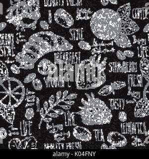 Disegnò la colazione perfetta sfondo con croissant, limone e bacche. Drawned sulla lavagna nera con Chalk. Illustrazione Vettoriale