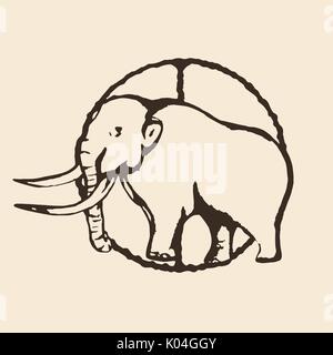 Mammoth contorno, il contorno del disegno a mano, schizzo, isolata su uno sfondo beige Illustrazione Vettoriale