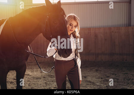 Bellissima ed elegante ragazza bionda sta in piedi vicino al suo cavallo nero medicazione di concorrenza uniforme camicetta bianca maglietta e pantaloni marrone. Piscina portraite in Foto Stock