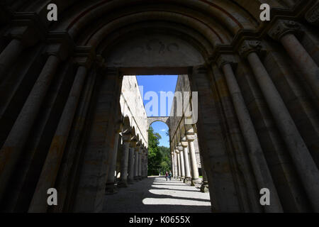 Il Land Turingia, Germania. 19 Ago, 2017. Le rovine del monastero Paulinzella, un ex monastero benedettino nella valle Rottenbach dello stato tedesco della Turingia, Germania, 19 agosto 2017. L'ex monastero benedettino, istituito da un aristocratico di nome Paulina tra 1102 e 1105, è uno dei più importanti edifici romani in Germania. Foto: Jens Kalaene/dpa-Zentralbild/dpa/Alamy Live News Foto Stock