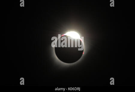 Greenville, Stati Uniti. 21 Ago, 2017. 21 Agosto 2017- Greenville, South Carolina, Stati Uniti - il "diamond ring' effetto è visibile durante un eclisse solare totale il 21 agosto 2017 a Falls Park di Greenville nella Carolina del Sud, una delle città lungo il percorso della totalità. Credito: Paul Hennessy/Alamy Live News Foto Stock