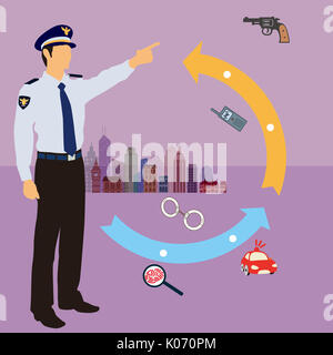 Funzionario di polizia di puntamento permanente con una infografica frecce Foto Stock