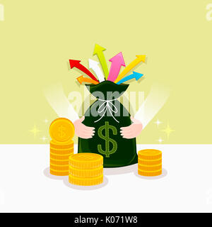 Mani tenendo un sacco di denaro con impilati monete d oro Foto Stock