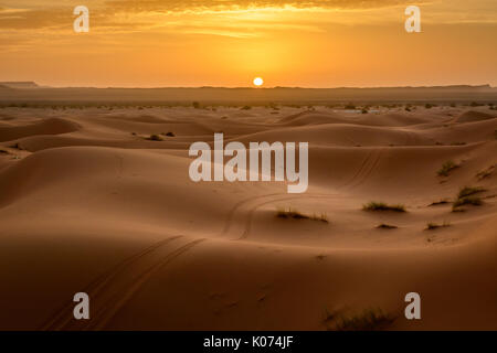 Sunrise a Erg Chebbi dune di sabbia del Sahara con ATV marcature dei pneumatici sulla sabbia, Merzouga, Marocco Foto Stock