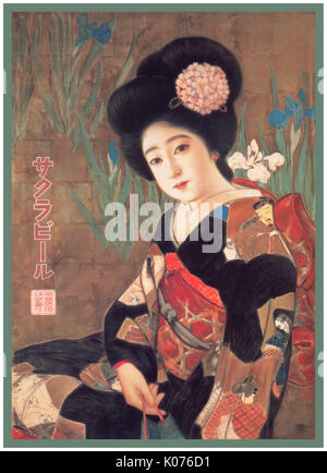 BIRRA JAPANESE LADY 1900 bevande d'epoca birra Giappone Sakura birra alcol Pubblicità Poster 1912 vestito tradizionale vintage poster giapponese dell'artista giapponese Kitano Tsunetomi. Foto Stock