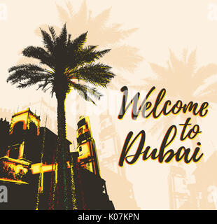 Poster retrò con edifici e palm nella città di Dubai, Emirati Arabi Uniti. Foto Stock