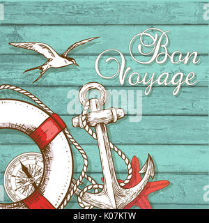 Viaggi Vintage sfondo con salvagente e ancorare su un verde superficie di legno. Bon voyage lettering. Foto Stock