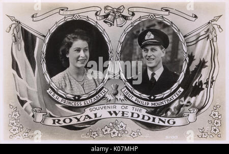 Cartolina ricordo, matrimonio, Elisabetta e Philip Mountbatten Foto Stock