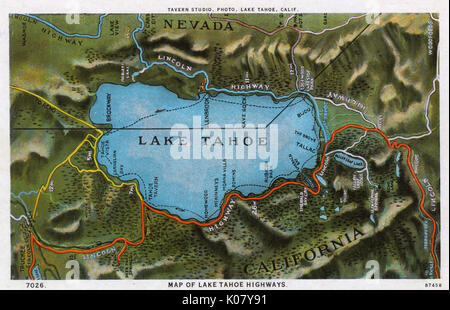 Mappa dell'area del lago Tahoe, Nevada e California, Stati Uniti Foto Stock