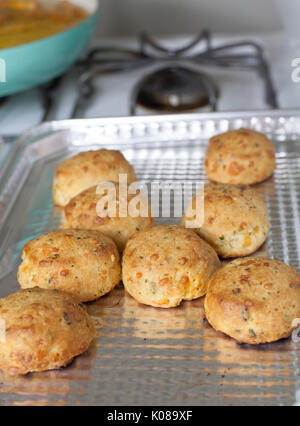 Cucinato al momento cheesy i biscotti su una placca da forno Foto Stock
