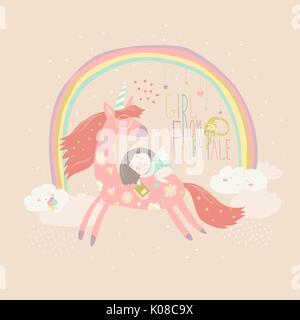 Cartoon carino ragazza con unicorn Illustrazione Vettoriale