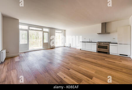 Svuotare Soggiorno con cucina e di aprire le porte al balcone Foto Stock