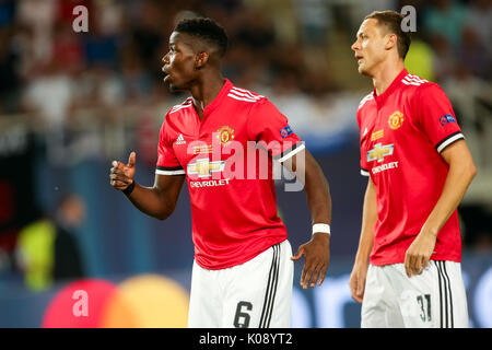 Skopje, ERIM - Agosto 8,2017: Manchester United Paul Pogba durante la Coppa UEFA Intertoto partita finale tra il Real Madrid e il Manchester United a Philip Foto Stock