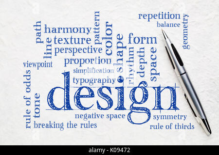 Gli elementi di design e le regole - una parola cloud su bianco a trama della carta lokta Foto Stock