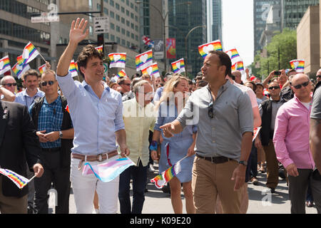 Montreal, Canada - 20 August 2017. Il primo ministro canadese Justin Trudeau e in Irlanda il Primo Ministro Leo Varadkar prendere parte a Montreal Pride Parade. Foto Stock