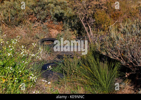 Vecchio carrello pneumatici (pneumatici), oggetto di pratiche di dumping nel bush australiano, Australia occidentale Foto Stock