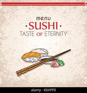 Doodle sushi e rotoli su legno. Tradizionale Giapponese piatti di cucina illustrazione. Scheda vettore per il ristorante asiatico menu. Illustrazione Vettoriale