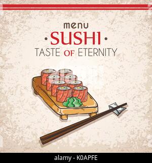 Doodle sushi e rotoli su legno. Tradizionale Giapponese piatti di cucina illustrazione. Scheda vettore per il ristorante asiatico menu. Illustrazione Vettoriale