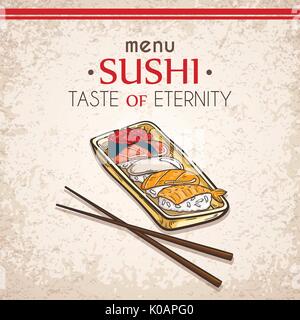 Doodle sushi e rotoli su legno. Tradizionale Giapponese piatti di cucina illustrazione. Scheda vettore per il ristorante asiatico menu. Illustrazione Vettoriale