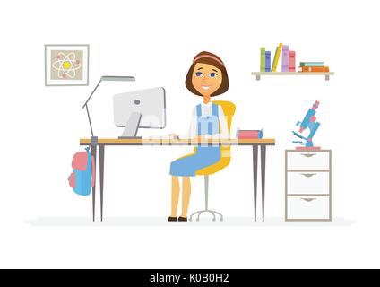 Educazione on line - illustrazione di una studentessa al computer di casa Illustrazione Vettoriale