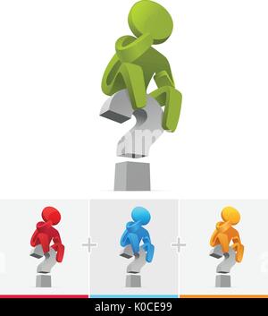 Vettore 3D stick figura seduta su grande punto interrogativo Illustrazione Vettoriale