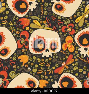 Motley seamless pattern con sagome di grazioso cartoon teschi umani con gli occhi del cuore che sbocciano i fiori e insetti carino su sfondo nero. Illustrazione Vettoriale per la stampa di tessuti e carta da parati. Illustrazione Vettoriale