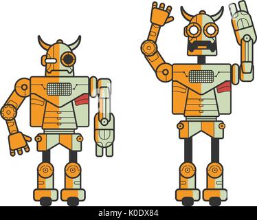 Set di due giocattolo robot elettronica esprimendo emozioni differenti isolati su sfondo bianco. Android in piedi in posizione tranquilla e con le mani alzate e la bocca aperta. Fumetto illustrazione vettoriale. Illustrazione Vettoriale