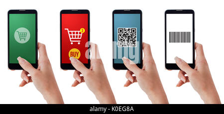 Set di mani femminili usando le app per lo shopping, e il codice a barre QR code scanner sullo smartphone, la tecnologia e il concetto di vendita al dettaglio Foto Stock