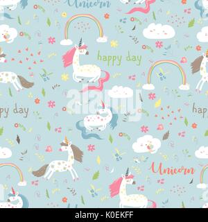 Modello senza giunture ragazza con unicorn Illustrazione Vettoriale